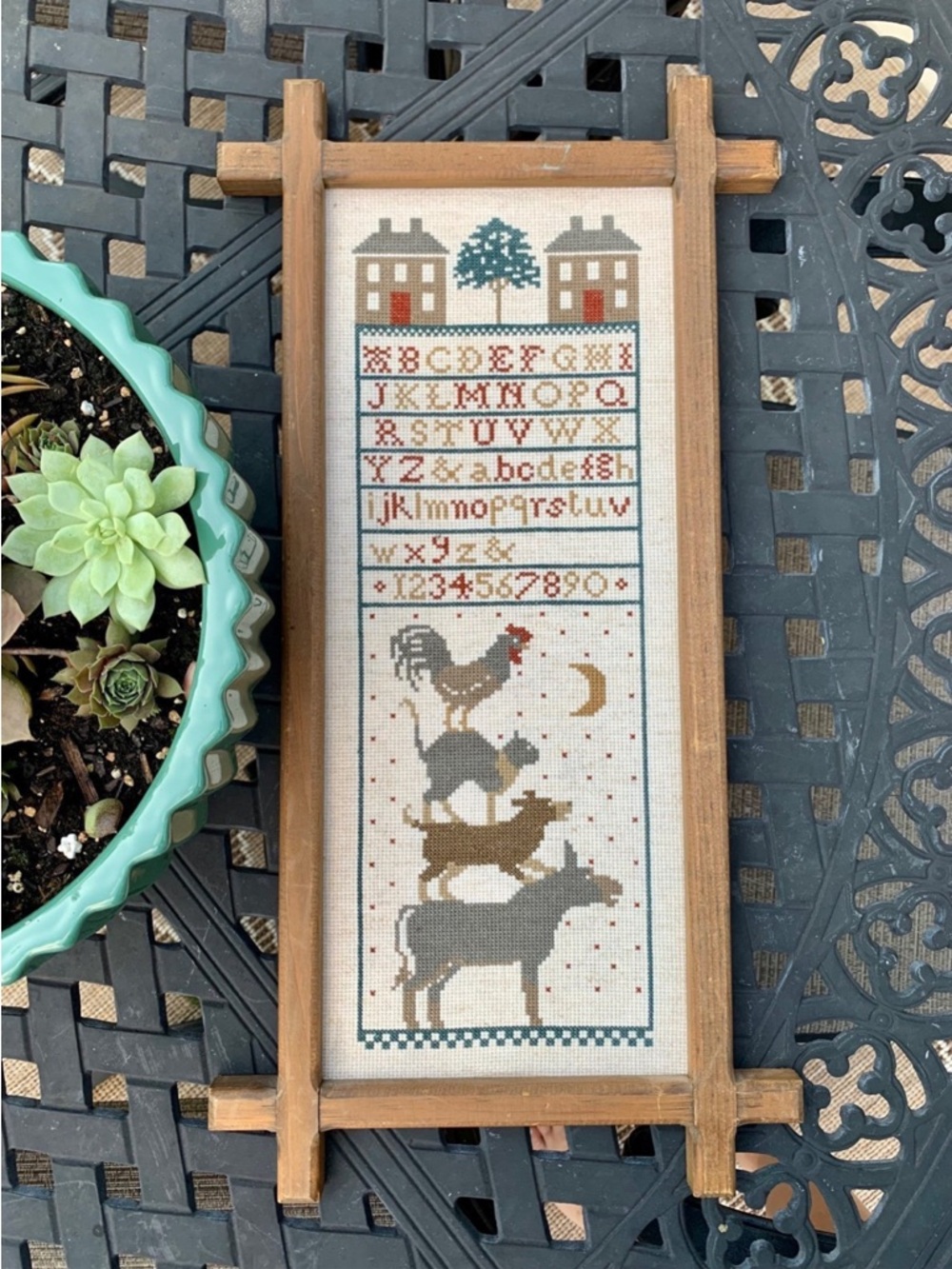 Vintage Hand Embroidered Musicians of Bremen Folk Art Framed Needlework Sampler